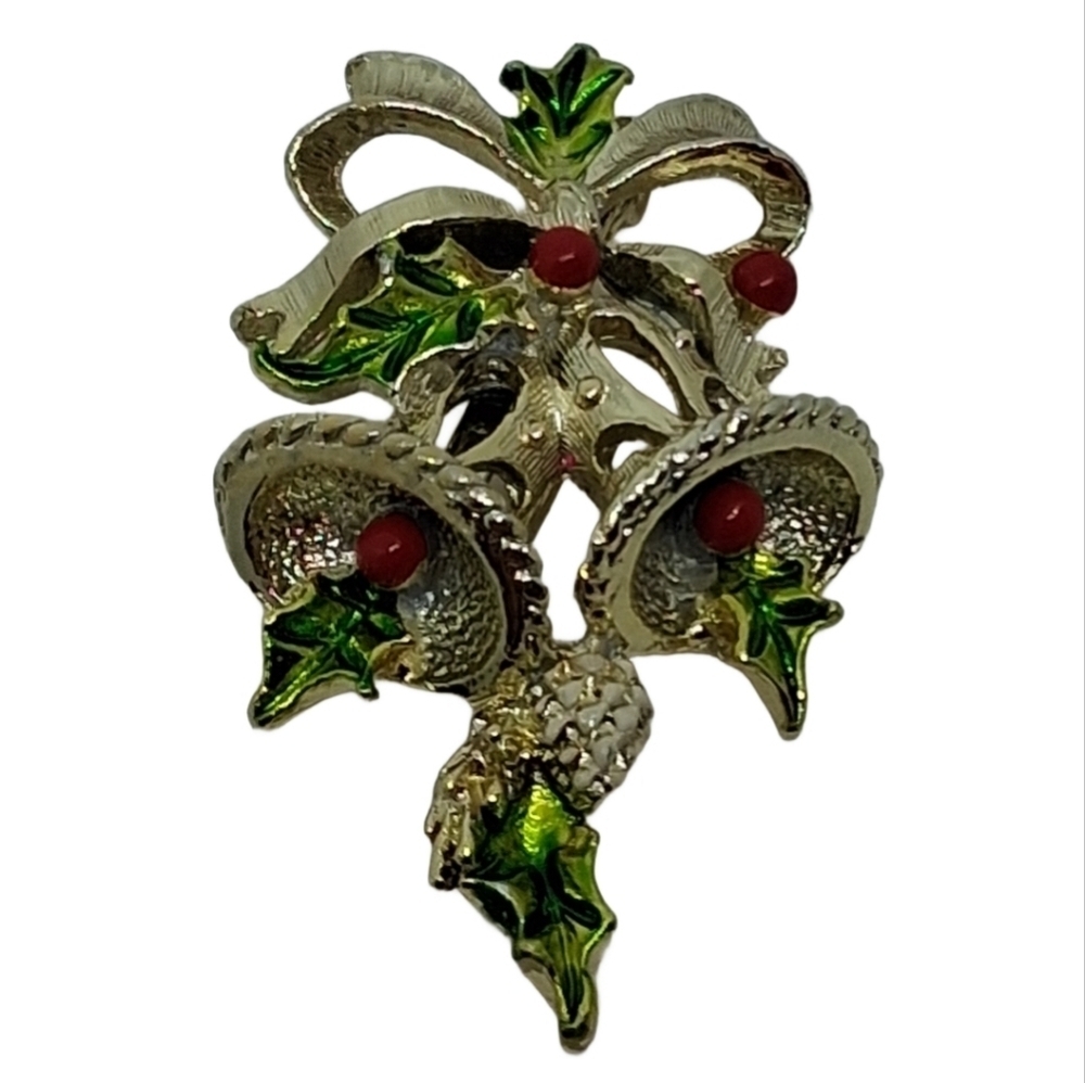 Vintage Gerry’s Christmas Jingle Bell Bow Holly Brooch Pin